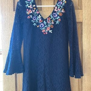 Dresses | Navy With Floral Print Long Sleeve Lace Dress | Poshmark